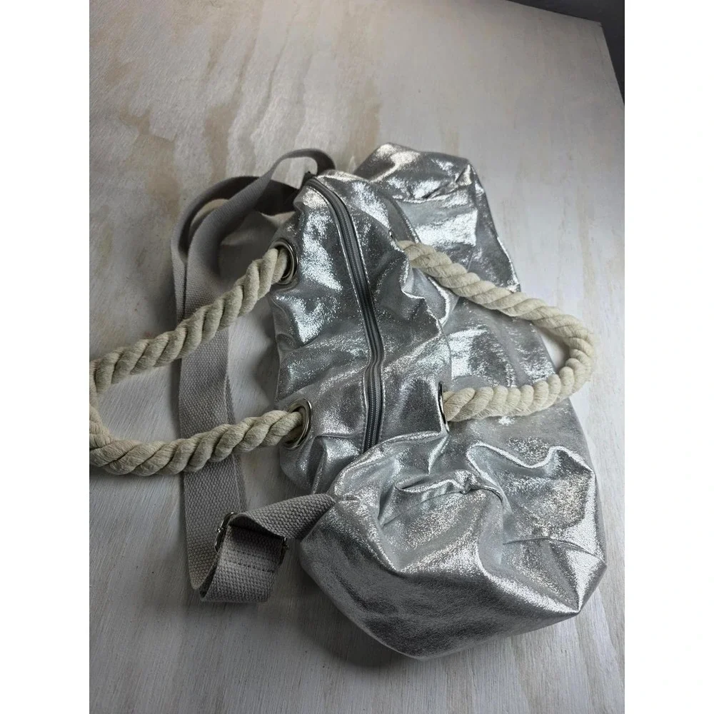 Metallic Silver Duffle Bag Y2K Rope Handle Crossbody Nautical Festival Boho